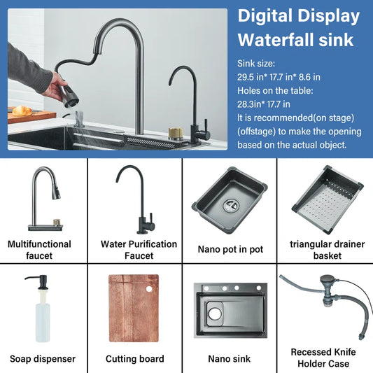 Waterfall Kitchen Sinks Combo Stainless Steel Nano Sink Pull-Out Kitchen Faucet