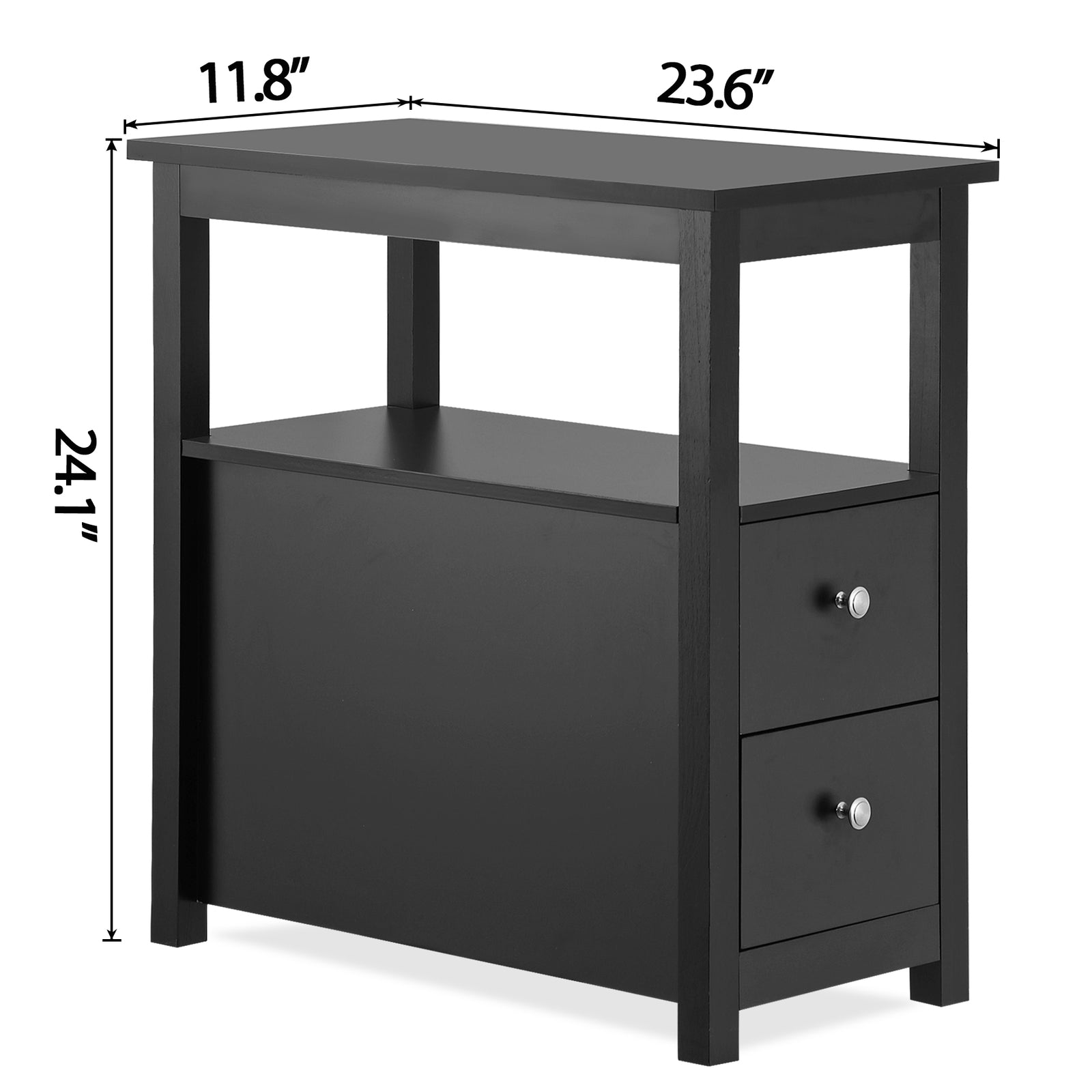 Black End Table with 2 Drawer and Open Shelf Narrow Side Table for Living Room
