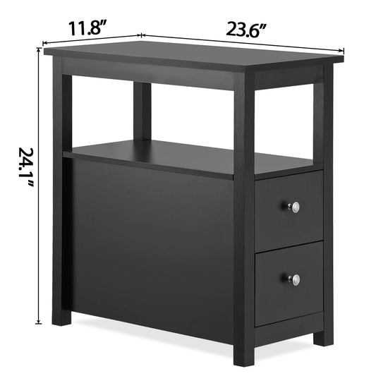 Black End Table with 2 Drawer and Open Shelf Narrow Side Table for Living Room