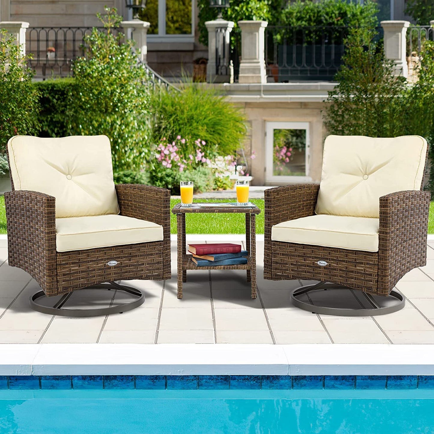YINTATECH 3Pc Outdoor Furniture Garden Bistro Rocking Set Rattan Chair Cushion
