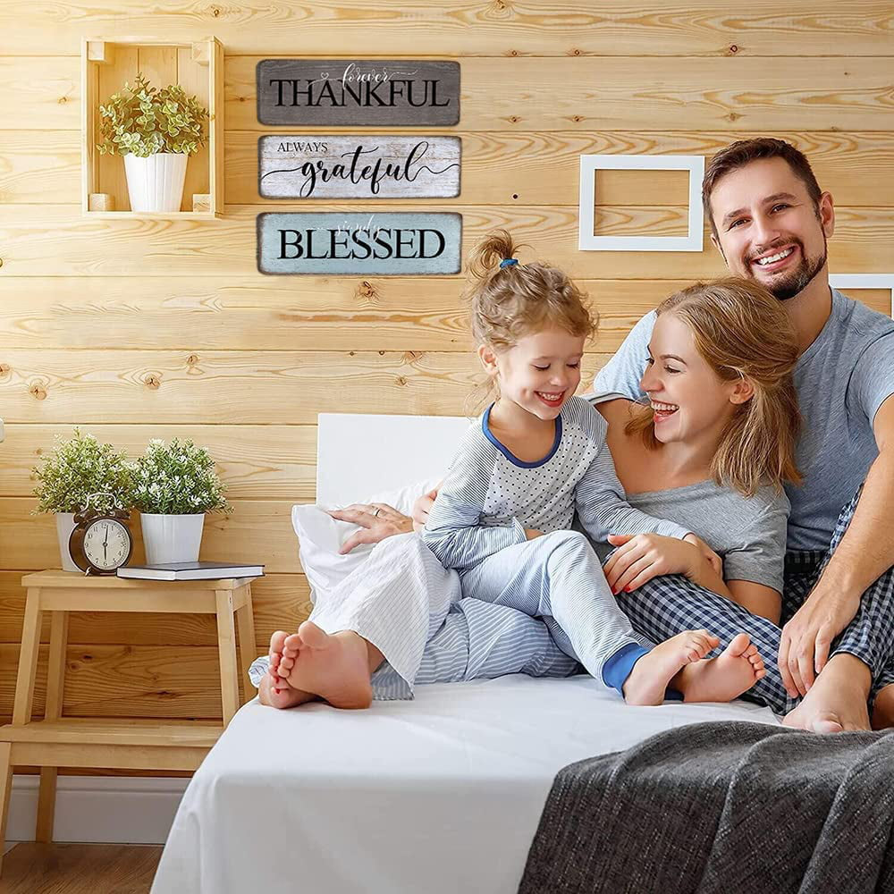 Farmhouse Home Sign Wall Decor Family Wall Decor for Living Room 3 Pieces Grateful Thankful Blessed Wall Art Decor 16"X5" Inspirational Family Quotes Wall Decor Family Signs