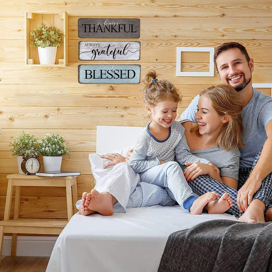 Farmhouse Home Sign Wall Decor Family Wall Decor for Living Room 3 Pieces Grateful Thankful Blessed Wall Art Decor 16"X5" Inspirational Family Quotes Wall Decor Family Signs