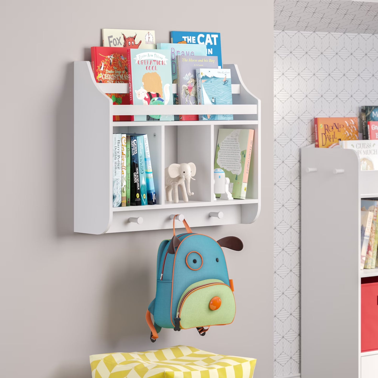 Kids Wall Mounted Bookshelf and Toy Storage Organizer for Playroom - White