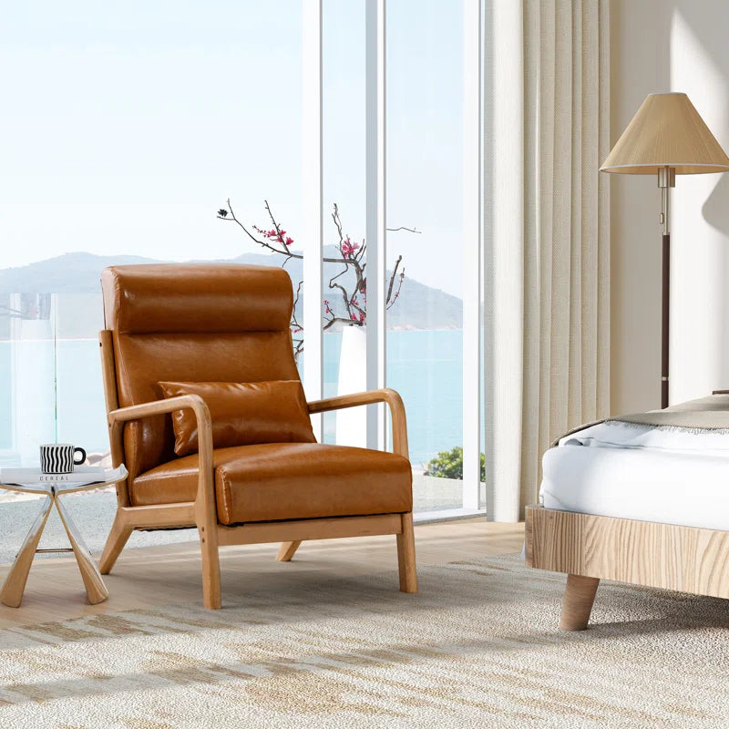 Azmi 26" Wide Transitional Traditional Faux Leather Accent Chair with Lumbar Pillow