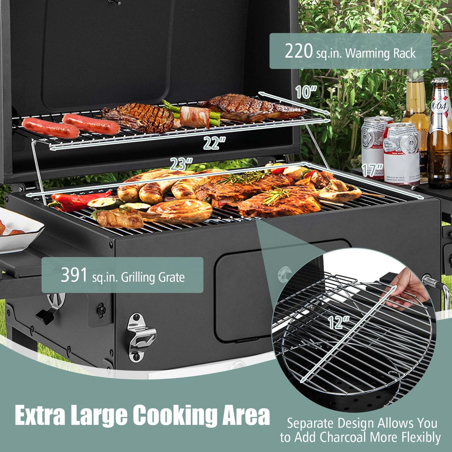 Outdoor Charcoal Grill 391 Sq.In. Cooking Area 2 Foldable Side Table BBQ Camping