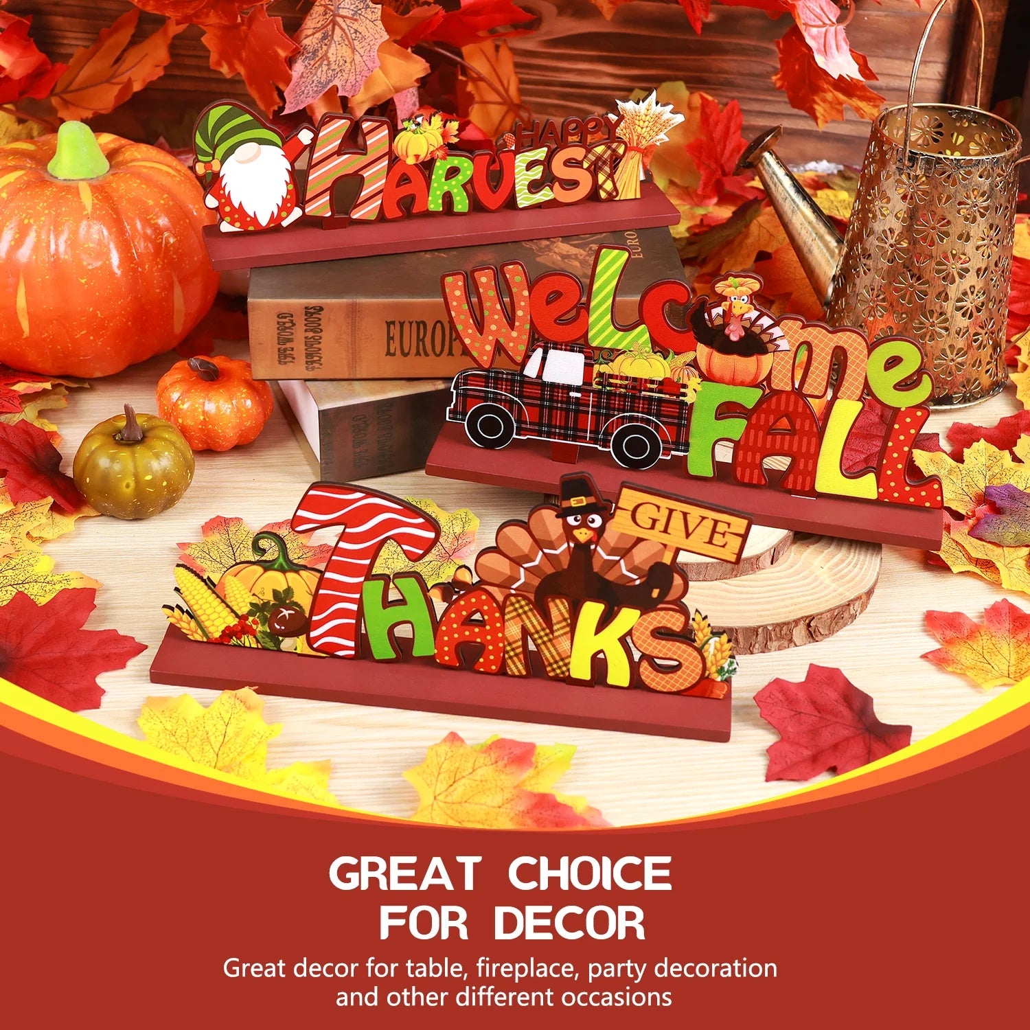 3Pcs Thanksgiving Decorations Indoor, Thanksgiving Table Decor, Turkey Pumpkin Fall Decor, Wooden Signs Decor