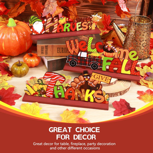3Pcs Thanksgiving Decorations Indoor, Thanksgiving Table Decor, Turkey Pumpkin Fall Decor, Wooden Signs Decor