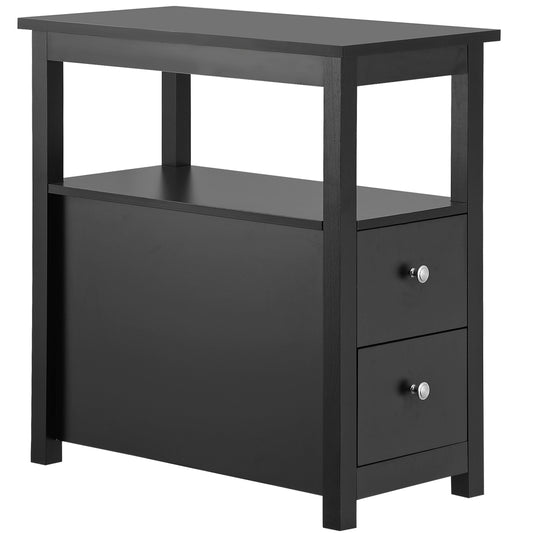 Black End Table with 2 Drawer and Open Shelf Narrow Side Table for Living Room