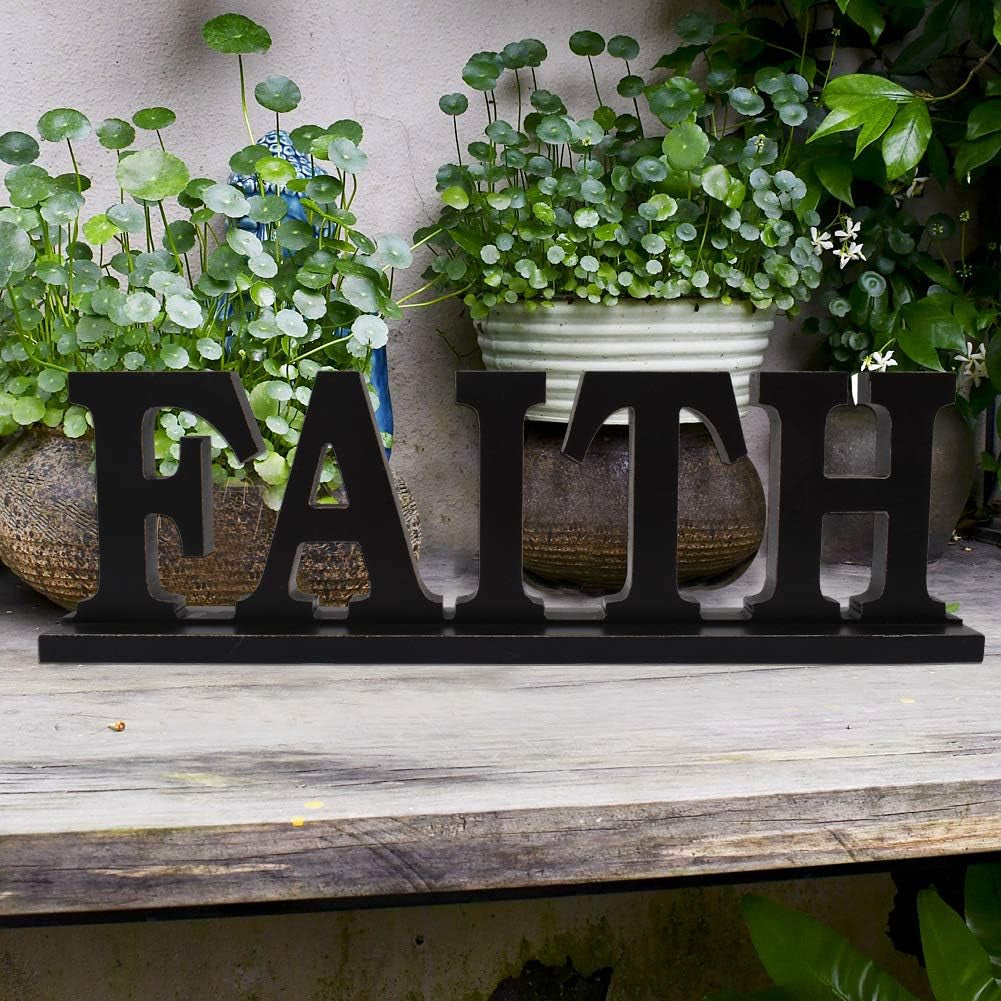 Rustic Wooden Faith Sign for Home Decor - Freestanding Tabletop Decor, 16.2" X 4.85" Black Faith Block Letters