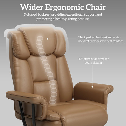 High Back Executive Office Chair, Ergonomic PU Leather Office Chair, Heavy Duty Computer Desk Chair, Reclining Office Chair with Footrest 400Lbs, Brown