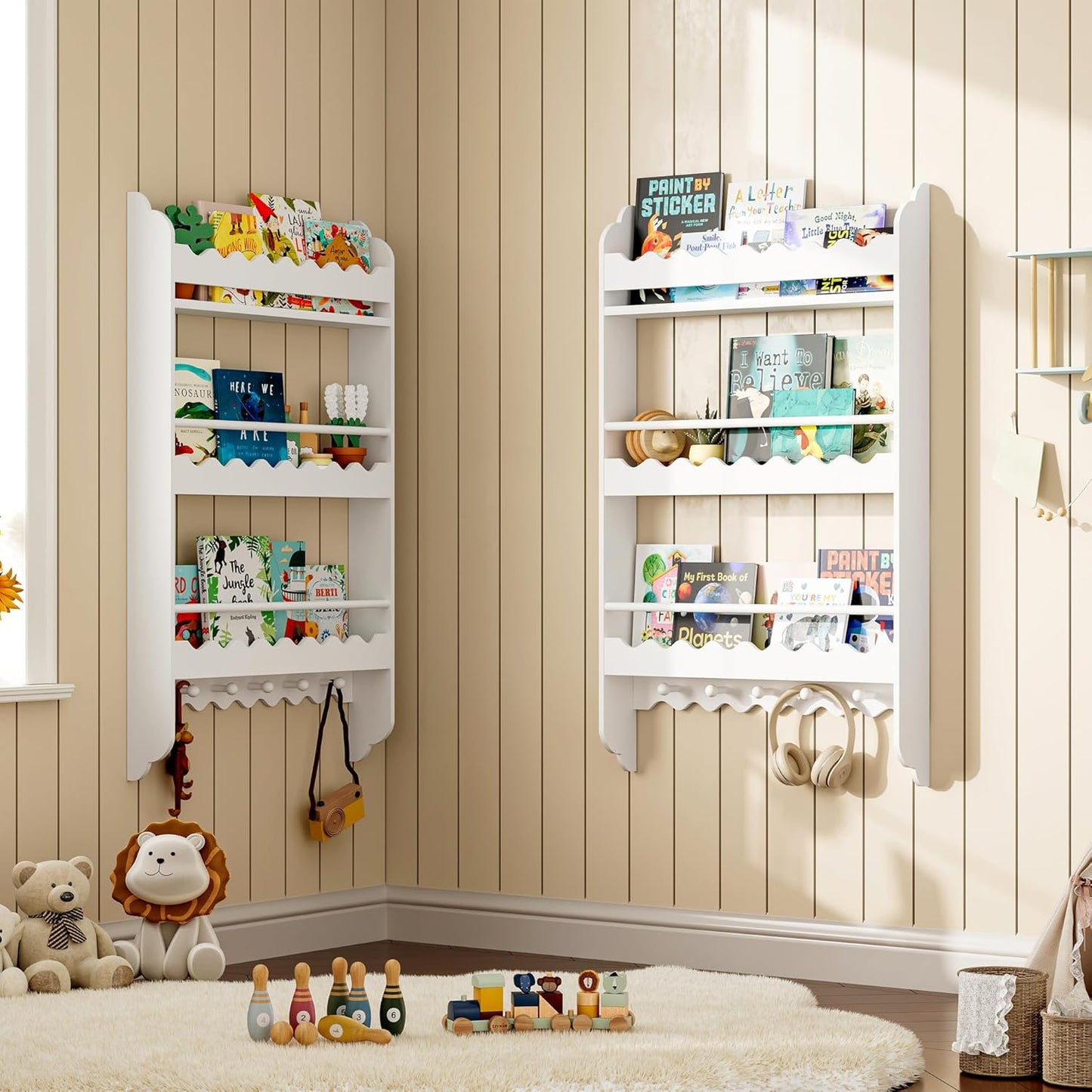 Kids Bookshelf, Wall Mounted 3-Tier Book Shelf, Kids Bookshelf and Toy Storage F