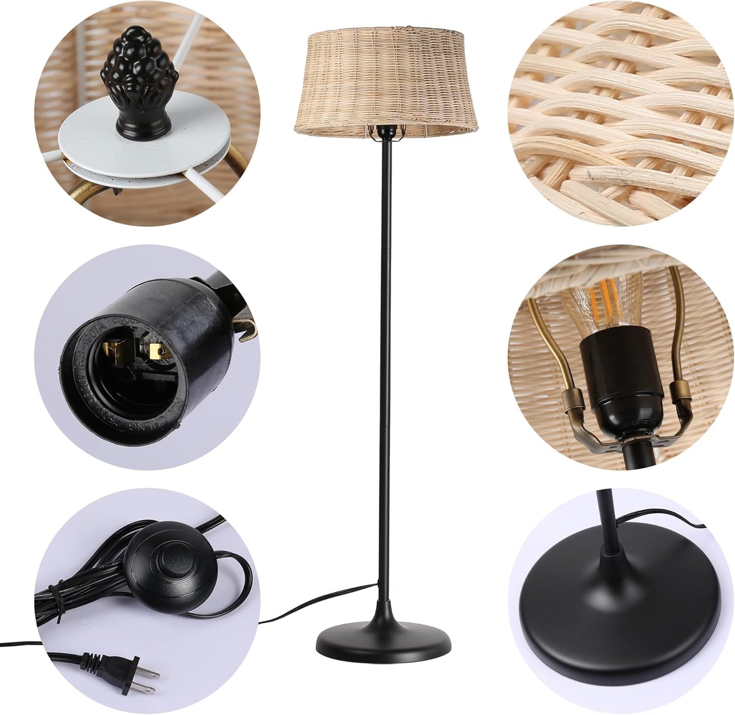 Rattan Industrial Floor Standing Lighting with Pedal Black Cord Wicker Lampshade