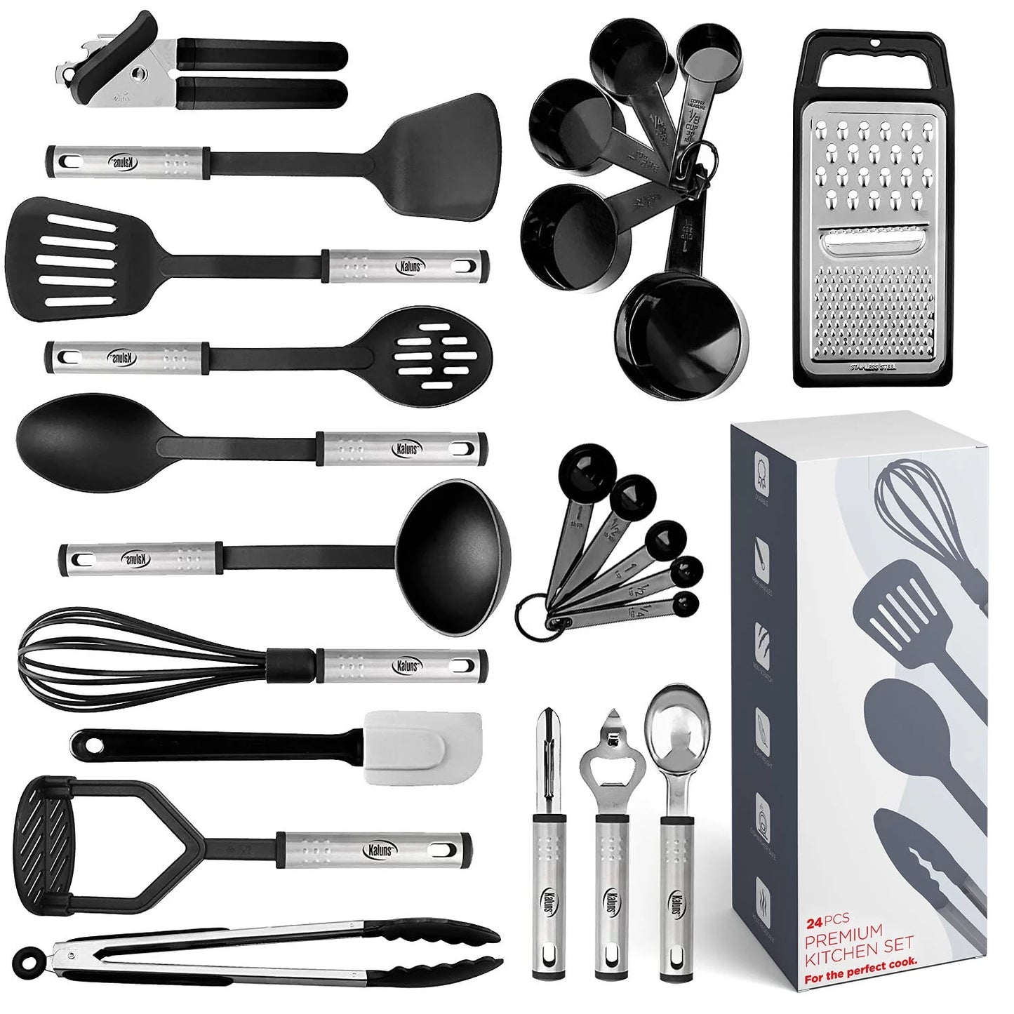 Stainless Steel Cooking Utensil Set, Non-Stick Cookware Set, 24Pc Heat Resistant Nylon Kitchen Accessories, Black