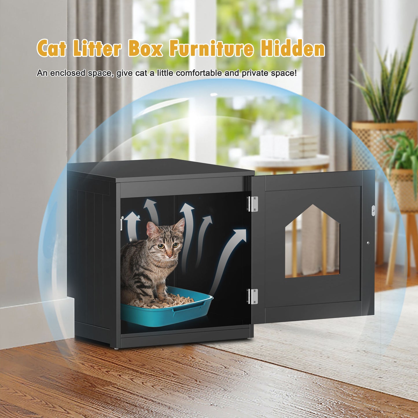 Wooden Cat Litter Box Enclosure Cat House Indoor Pet House Furniture Black