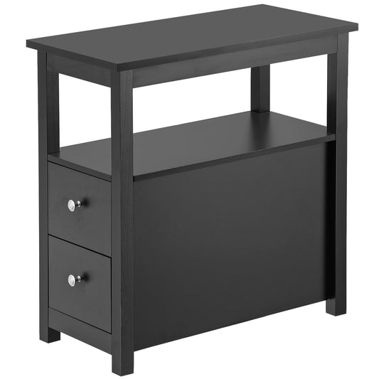 Black End Table with 2 Drawer and Open Shelf Narrow Side Table for Living Room