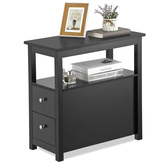 Black End Table with 2 Drawer and Open Shelf Narrow Side Table for Living Room