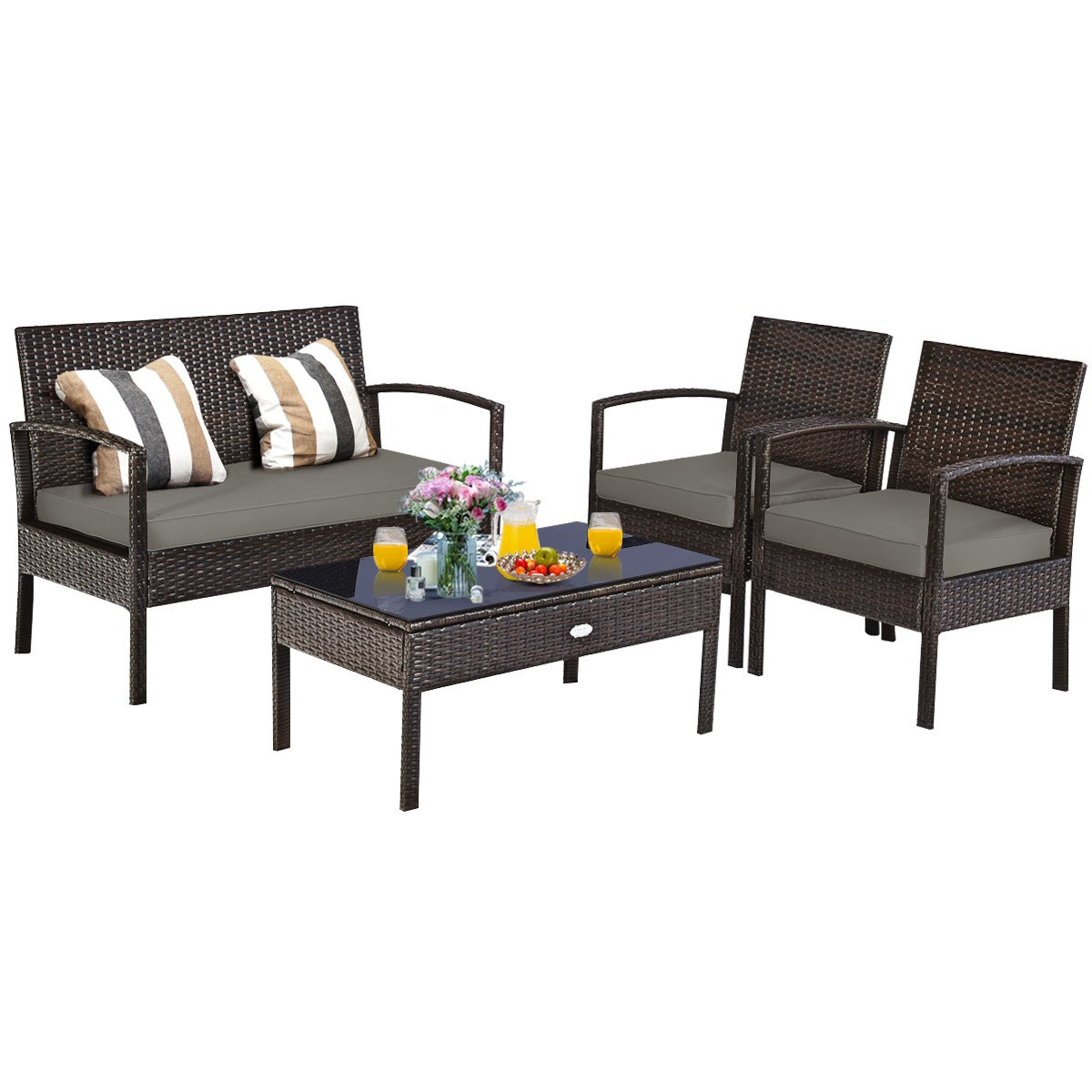 4PCS Outdoor Patio Rattan Furniture Set Cushioned Sofa Coffee Table Deck