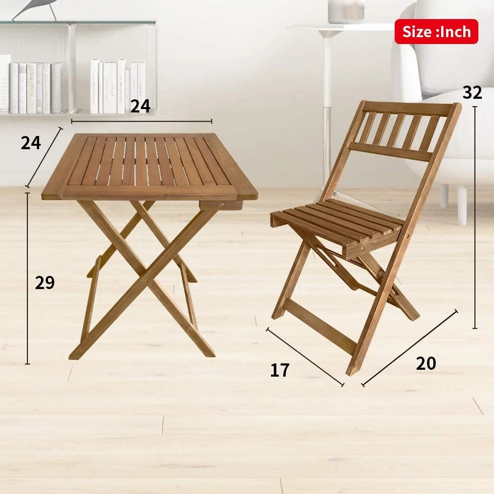3 Piece Acacia Wood Folding Terrace Bistro Set Outdoor with 2 Chairs - round Table Natural Oiled