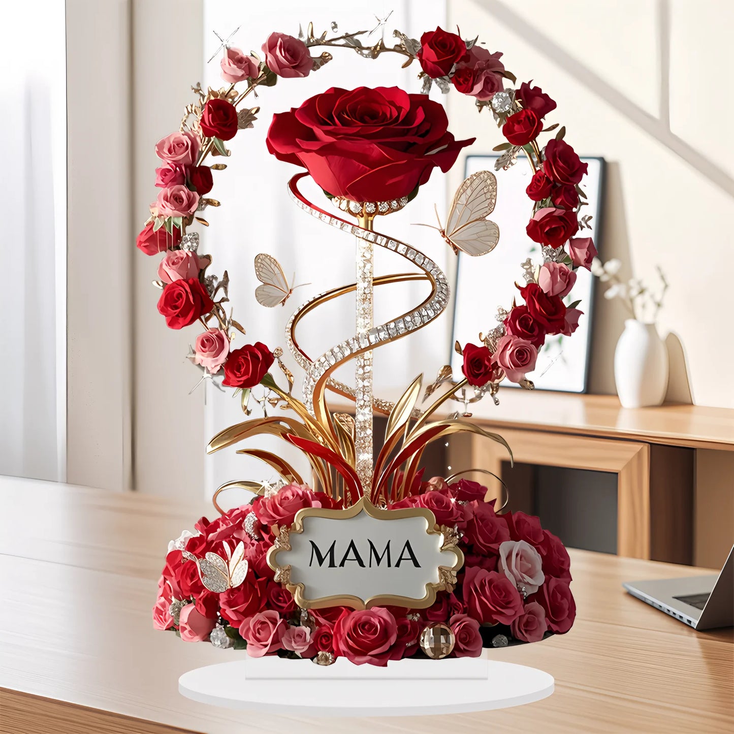2D Acrylic Red Rose “MOM” Desk Ornament Gift
